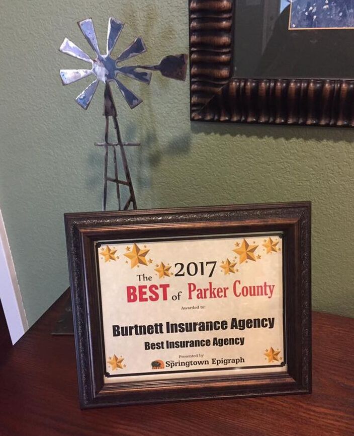 2017 The Best of Parker County's Best Insurance Agency Certificate awarded to Burtnett Insurance Agency